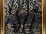 une peinture à l'huile représentant des arbres dans une zone boisée sur fond de ciel