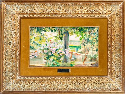 an image of a painting of a garden with flowers in a gold frame