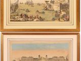 two watercolor paintings of a view of a city and a river