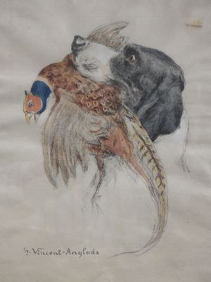 un dessin représentant un chien et un faisan sur une feuille de papier