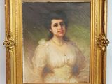 un tableau représentant une femme en robe blanche, dans un cadre doré