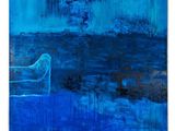 blue abstract painting of a chair in the middle of a body of water