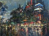 an oil painting of a city street with people walking in the rain
