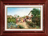 painting of a farm scene with a farmer and his family