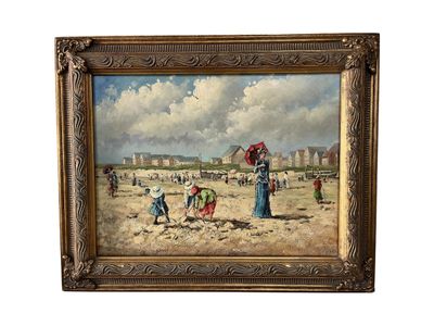 painting of people on the beach with umbrellas in a gold frame