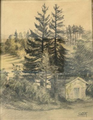 dessin représentant une cabane dans les bois, avec un arbre au premier plan