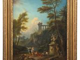 a painting of a landscape with figures and animals in the foreground