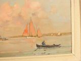 a painting of a man in a boat on the water