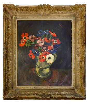 une peinture à l'huile représentant un vase de fleurs sur une table