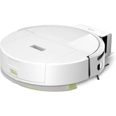 un aspirateur robot blanc sur une surface blanche