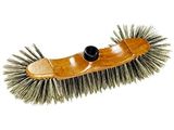 a close up of a brush with a wooden handle on a white background