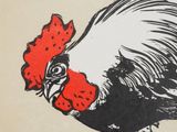 a drawing of a rooster with a red comb on it ' s head
