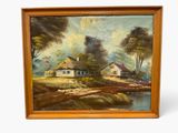 an oil painting of a farm scene with a pond and a house