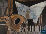 a painting of a man playing a guitar in front of a piano