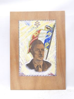 drawing of a portrait of a man with a flag on a wooden plaque