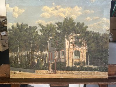un vieux tableau représentant une église au milieu d'une forêt