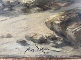 an oil painting of a rocky beach with rocks and water