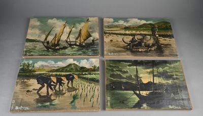 four paintings of boats and people on a beach with a sky background