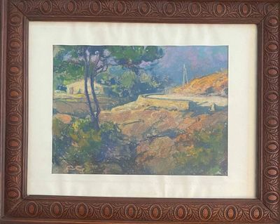 framed picture of a painting of a landscape with trees and a bridge