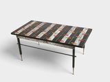 an image of a coffee table with a tile top and metal legs