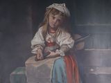 un tableau représentant une petite fille assise sur les marches