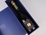 a blue box with a bottle of wine inside of it