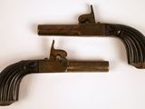 une paire de pistolets anciens en laiton sur fond blanc, avec un chat posé sur l'un d'eux