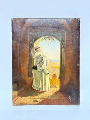 an old painting of a man in a white robe standing in a doorway