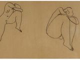 two drawings of a woman sitting on her knees and a man standing on her knees