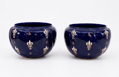 une paire de vases bleus ornés de fleurons dorés sur fond blanc