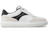 a white and black sneaker with a logo on the side
