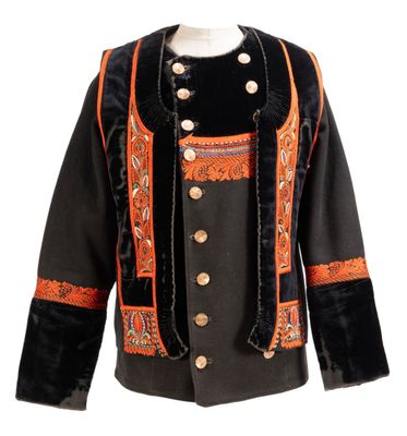 a black jacket with orange trim and buttons on a mannequin mannequin