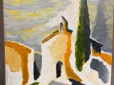 an oil painting of a painting of a house with a tree in the background