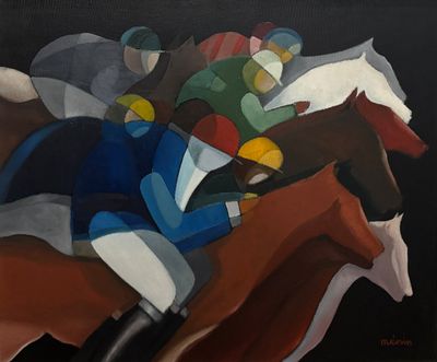 une peinture représentant un groupe de jockeys à cheval
