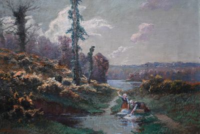 un tableau représentant un homme et une femme dans une rivière