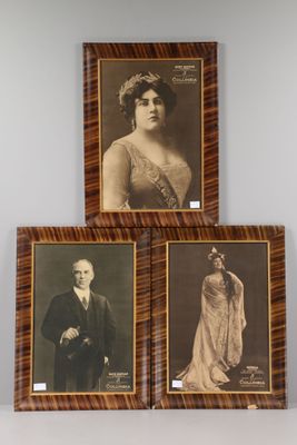 three framed photographs of a woman and a man in formal clothing