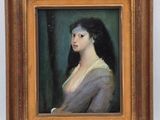 a painting of a woman in a gray dress in a gold frame
