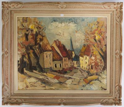 an oil painting of a village scene with a church in the background