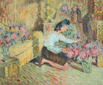 un tableau représentant une femme assise sur une chaise dans un salon