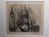 a drawing of a church with a clock tower in the background