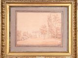 une peinture d'un paysage avec des arbres et une maison au loin