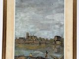 an oil painting of a man on a boat in the water