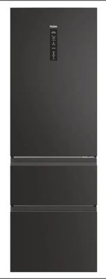 a black refrigerator freezer sitting on top of a white counter
