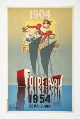 an old poster of a woman riding on a boat in the ocean