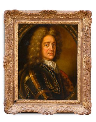 portrait d'un homme en armure dans un cadre doré sur fond blanc