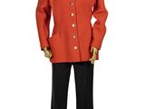 mannequin dressed in orange jacket and black pants with gold buttons