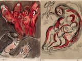 two drawings of a woman and a man in red and black