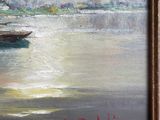 a painting of a boat on the water with a sky in the background