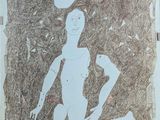 a drawing of a woman playing with a frisbee on the ground