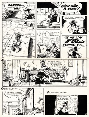 une bande dessinée en noir et blanc représentant un homme assis sur un canapé